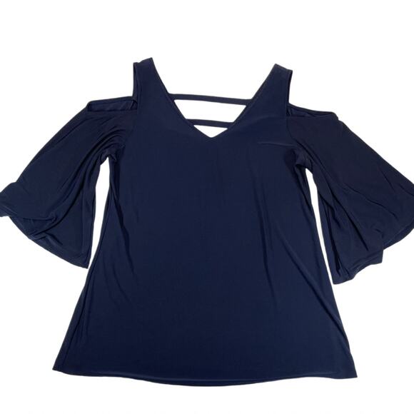 Coco Bianco Cold Shoulder Bell Sleeve Blouse Women's Navy Blue Size L - Picture 3 of 6